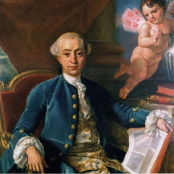 Portrait of a man in 18th-century attire seated next to a column with a cherub above.