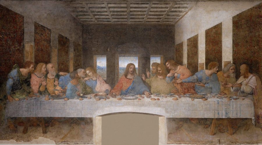 The last supper" fresco by leonardo da vinci depicting jesus with his disciples during the final dinner before his crucifixion.