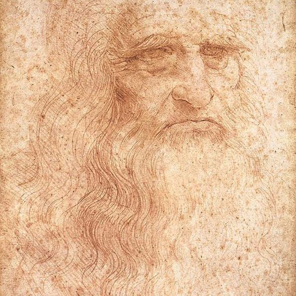 A sepia-toned sketch of an elderly bearded man with long hair, drawn in fine detail on a textured, aged paper.