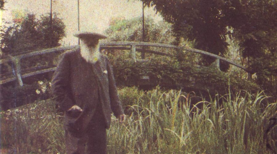 An elderly man with a long beard and broad-brimmed hat stands in a garden in front of an arched bridge covered with foliage.